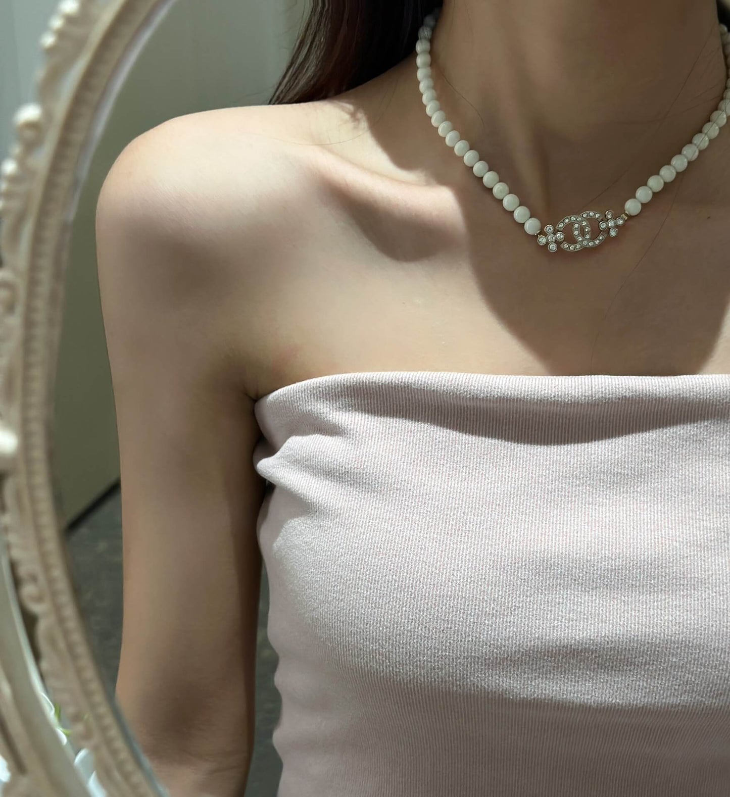 pearl double c diamond necklace versatile fashion celebrity style xlc7