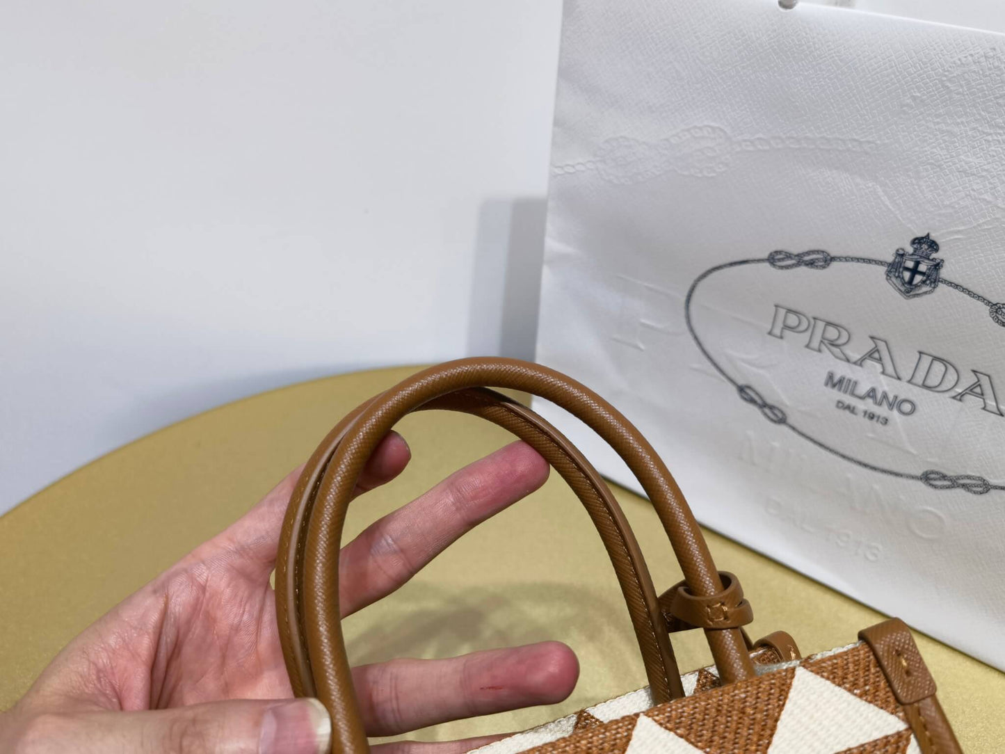 prada symbole embroidered jacquard fabric mini bag tobacco chalk white