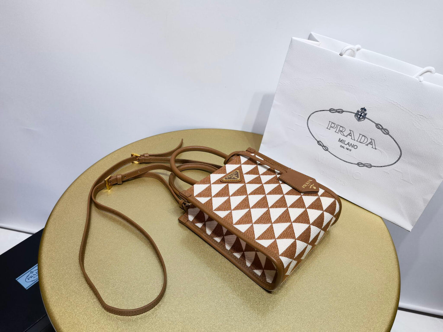 prada symbole embroidered jacquard fabric mini bag tobacco chalk white