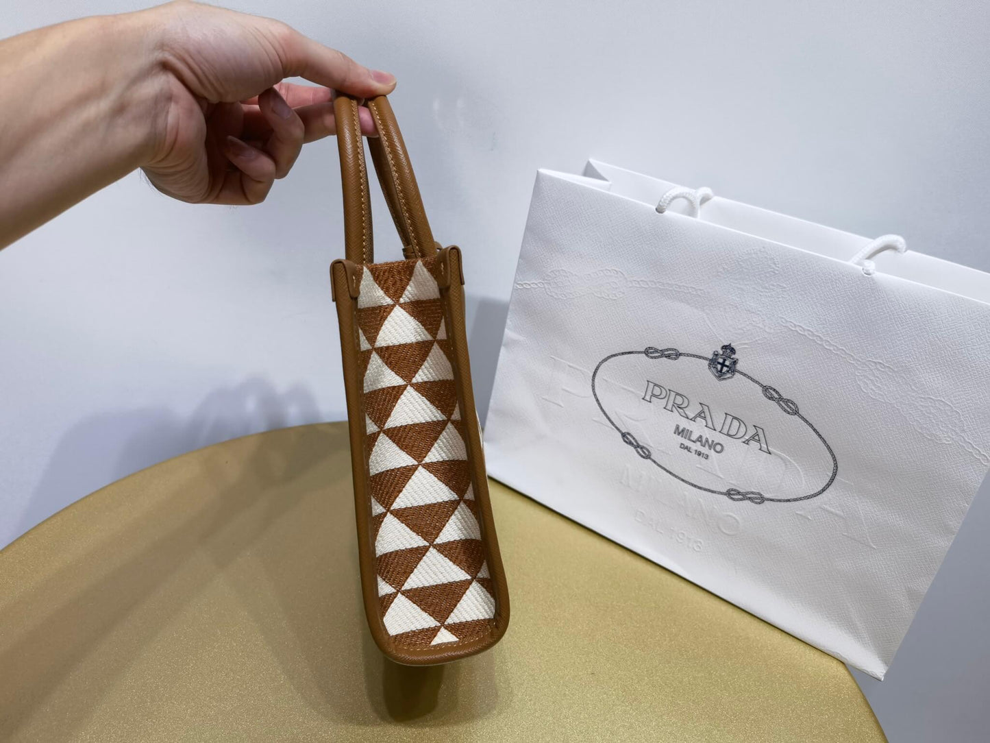 prada symbole embroidered jacquard fabric mini bag tobacco chalk white