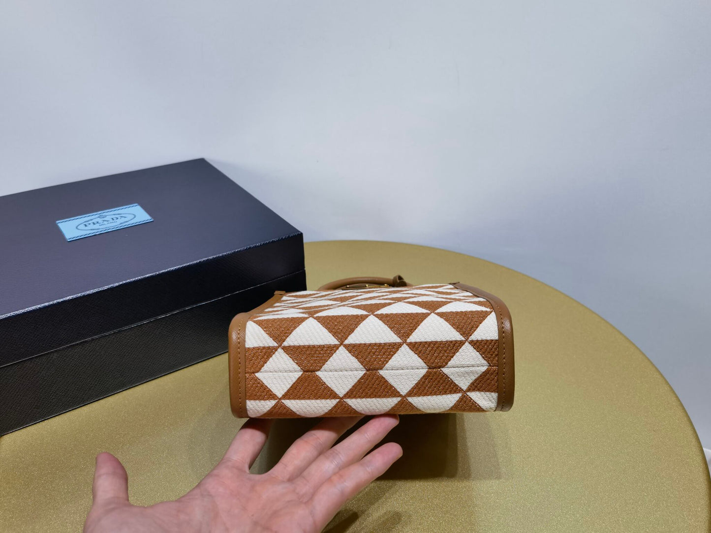 prada symbole embroidered jacquard fabric mini bag tobacco chalk white