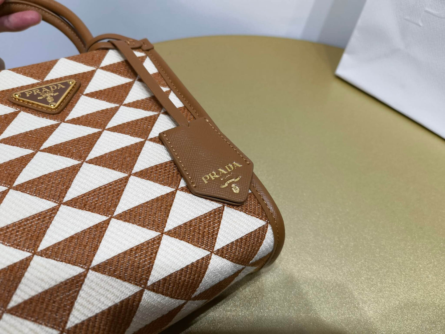 prada symbole embroidered jacquard fabric mini bag tobacco chalk white