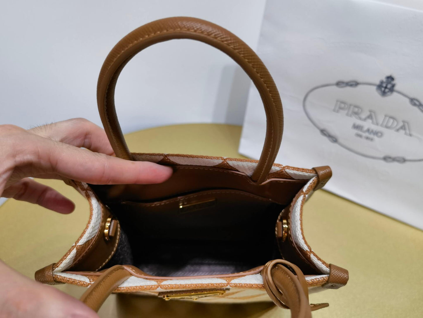 prada symbole embroidered jacquard fabric mini bag tobacco chalk white