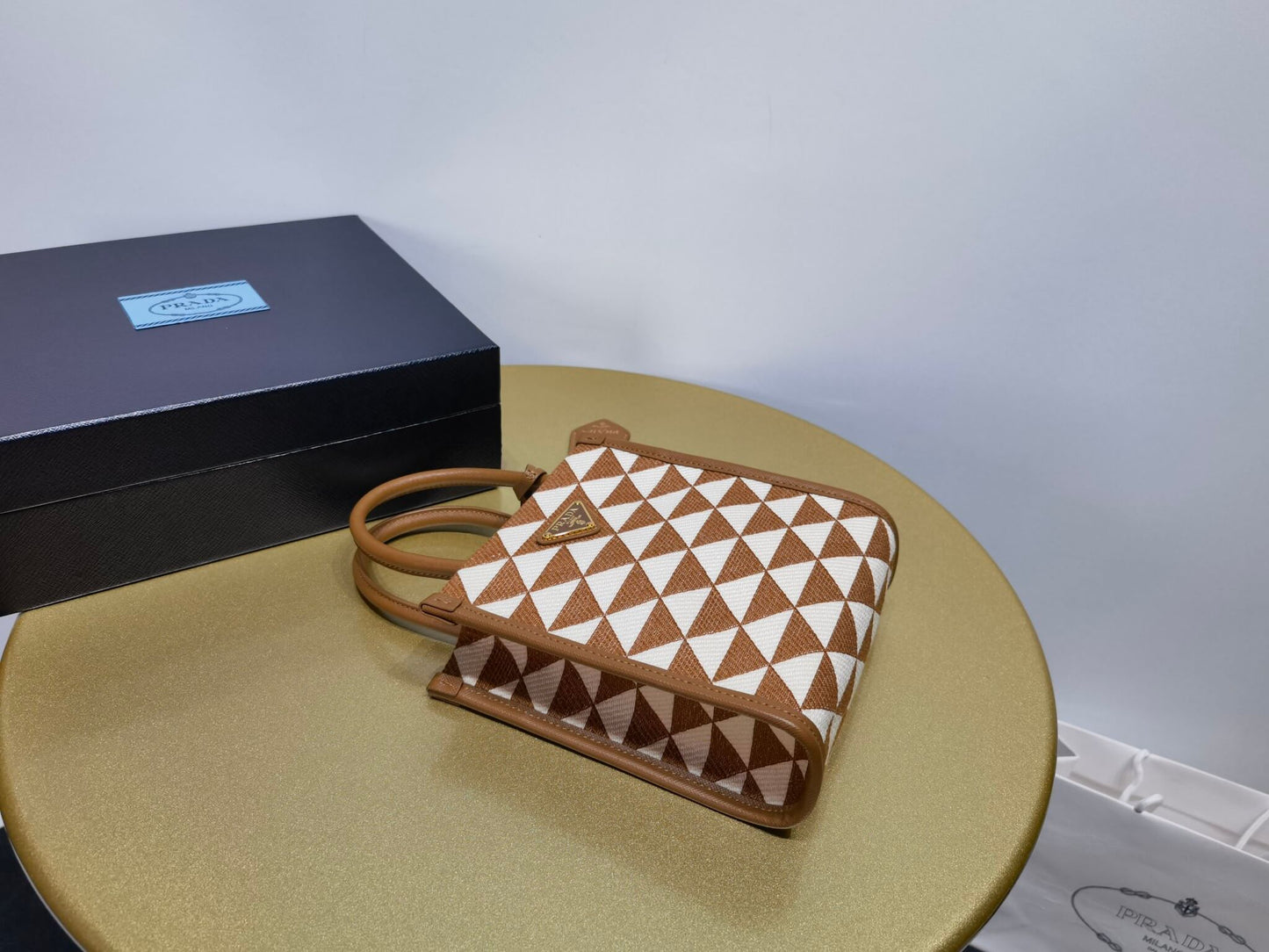 prada symbole embroidered jacquard fabric mini bag tobacco chalk white