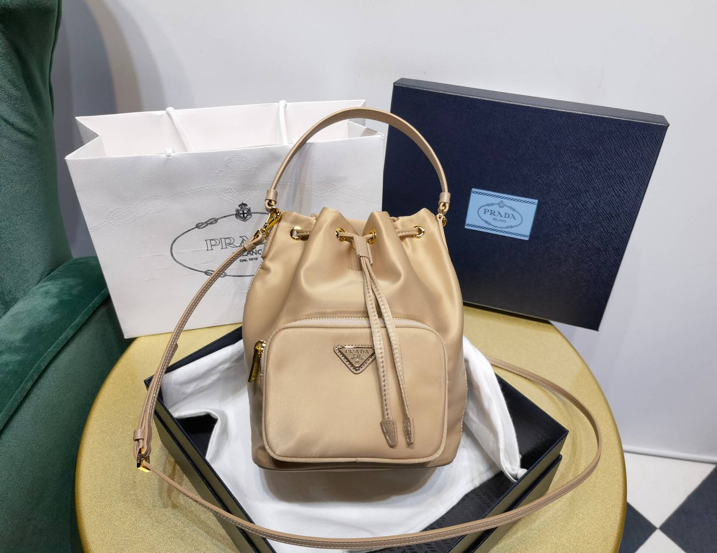 Prada Duet Re-Nylon bucket bag Apricot 1BH038