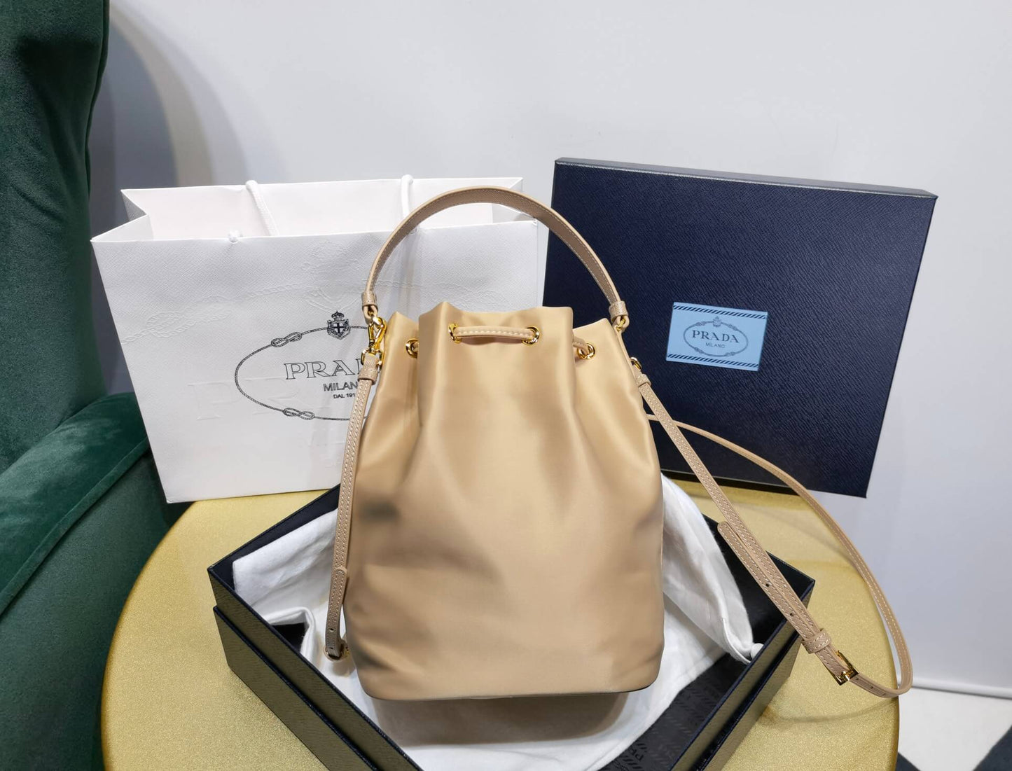 Prada Duet Re-Nylon bucket bag Apricot 1BH038