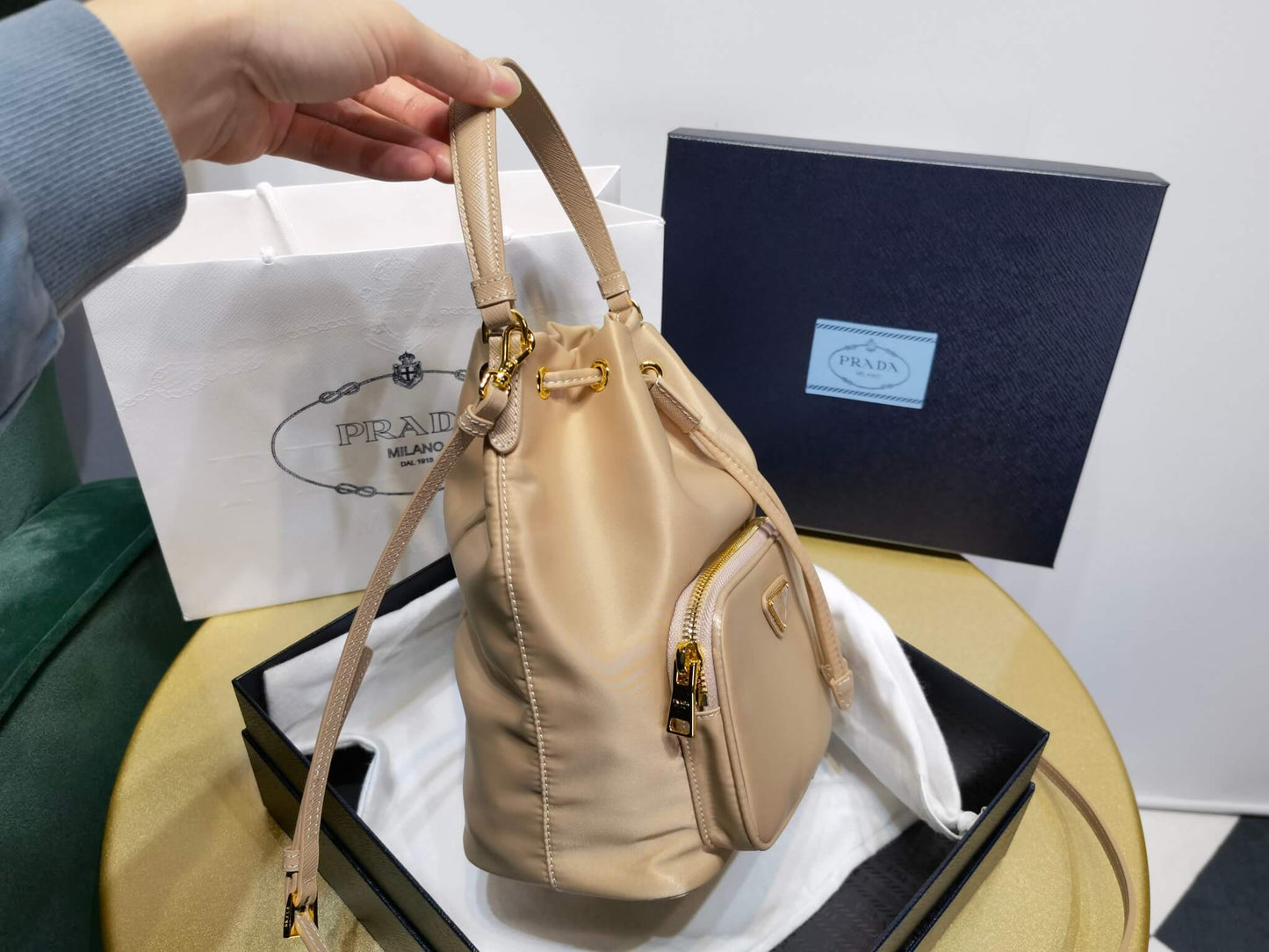 Prada Duet Re-Nylon bucket bag Apricot 1BH038