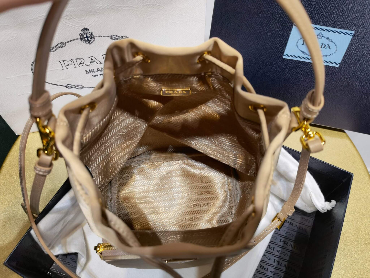 Prada Duet Re-Nylon bucket bag Apricot 1BH038