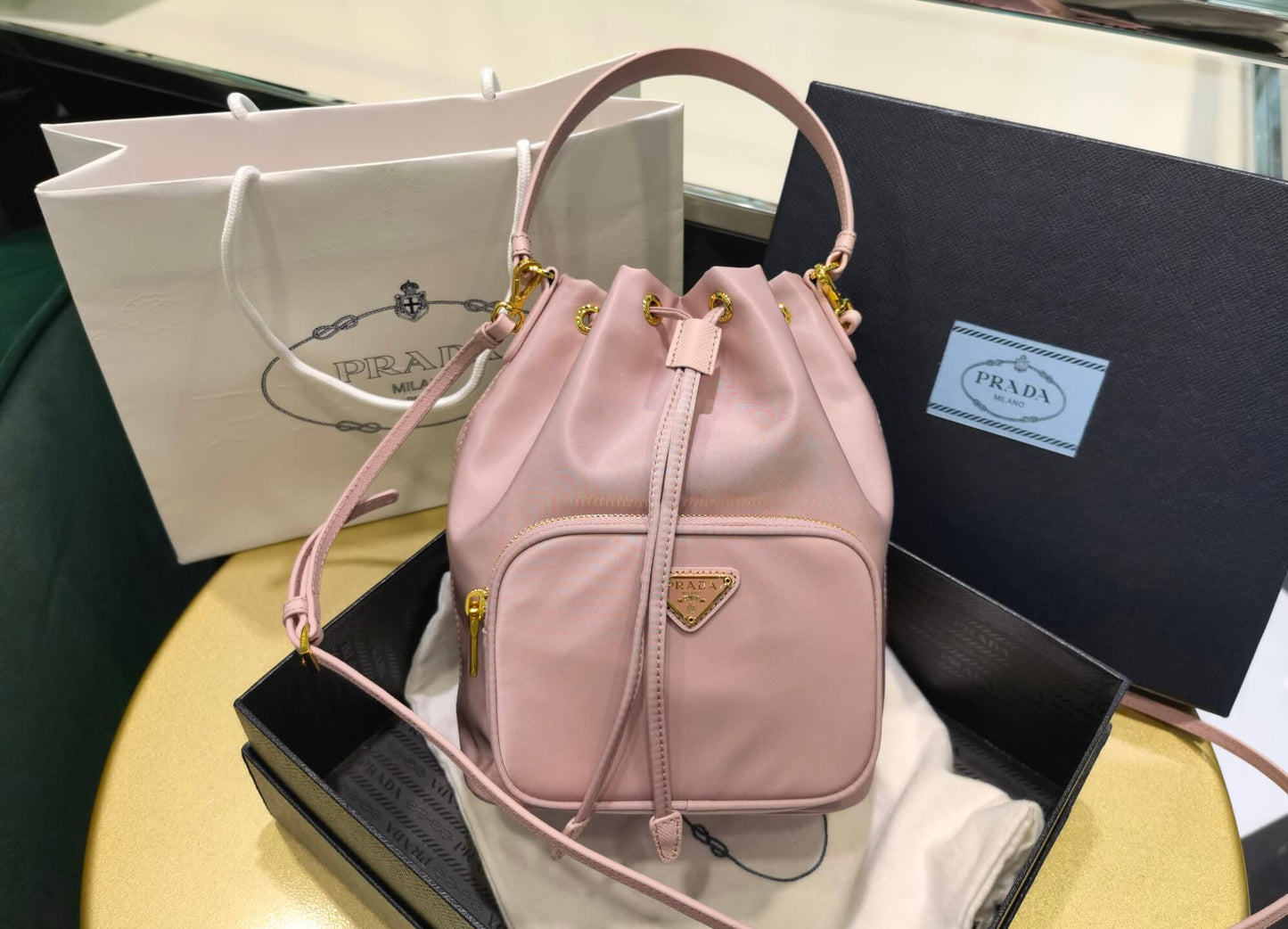 Prada Duet Re-Nylon bucket bag pink 1BH038