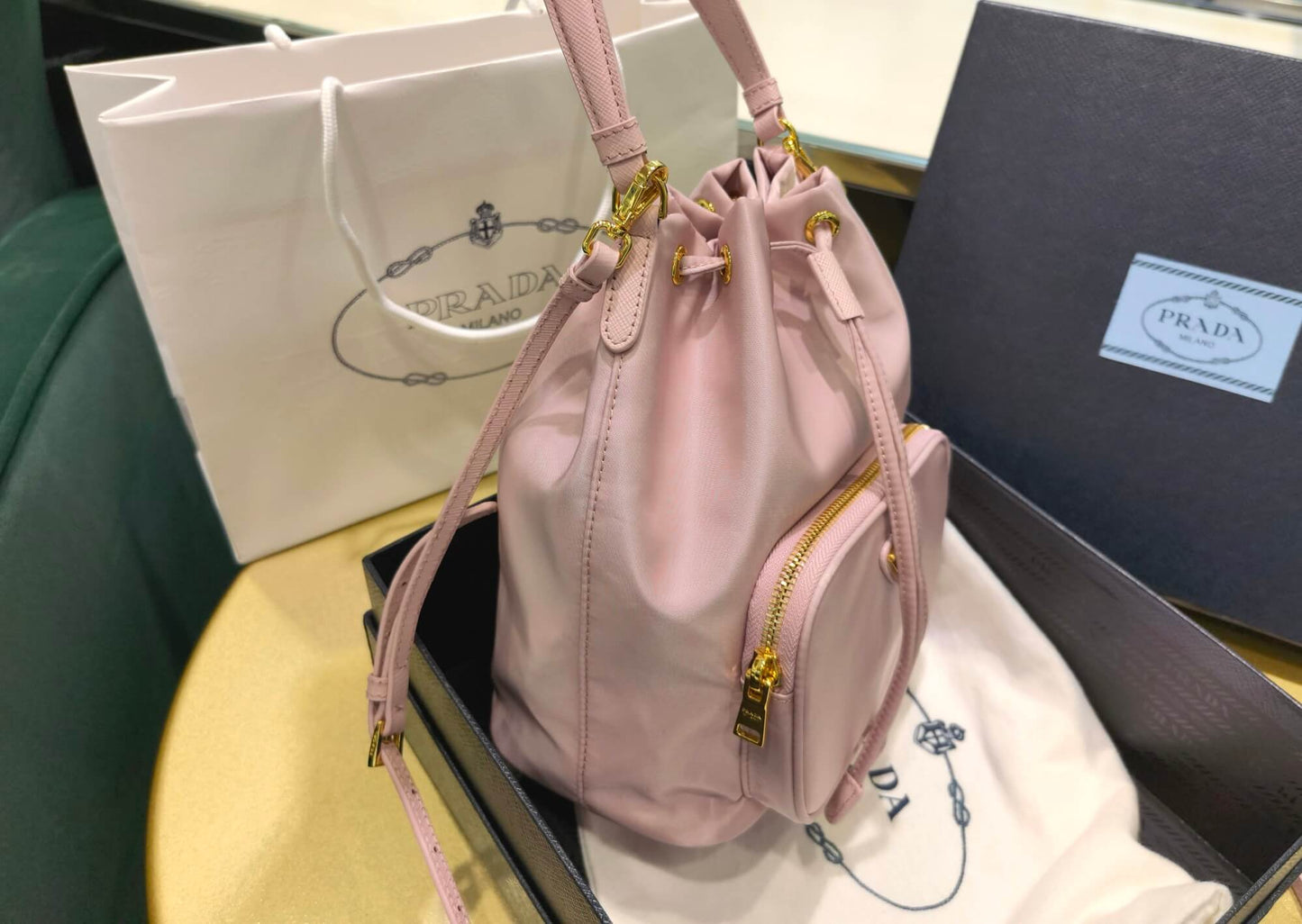 Prada Duet Re-Nylon bucket bag pink 1BH038