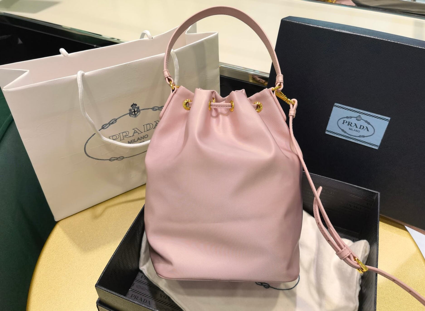 Prada Duet Re-Nylon bucket bag pink 1BH038