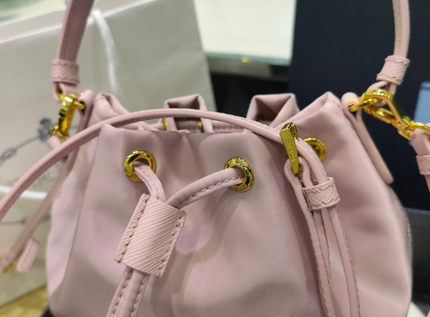 Prada Duet Re-Nylon bucket bag pink 1BH038