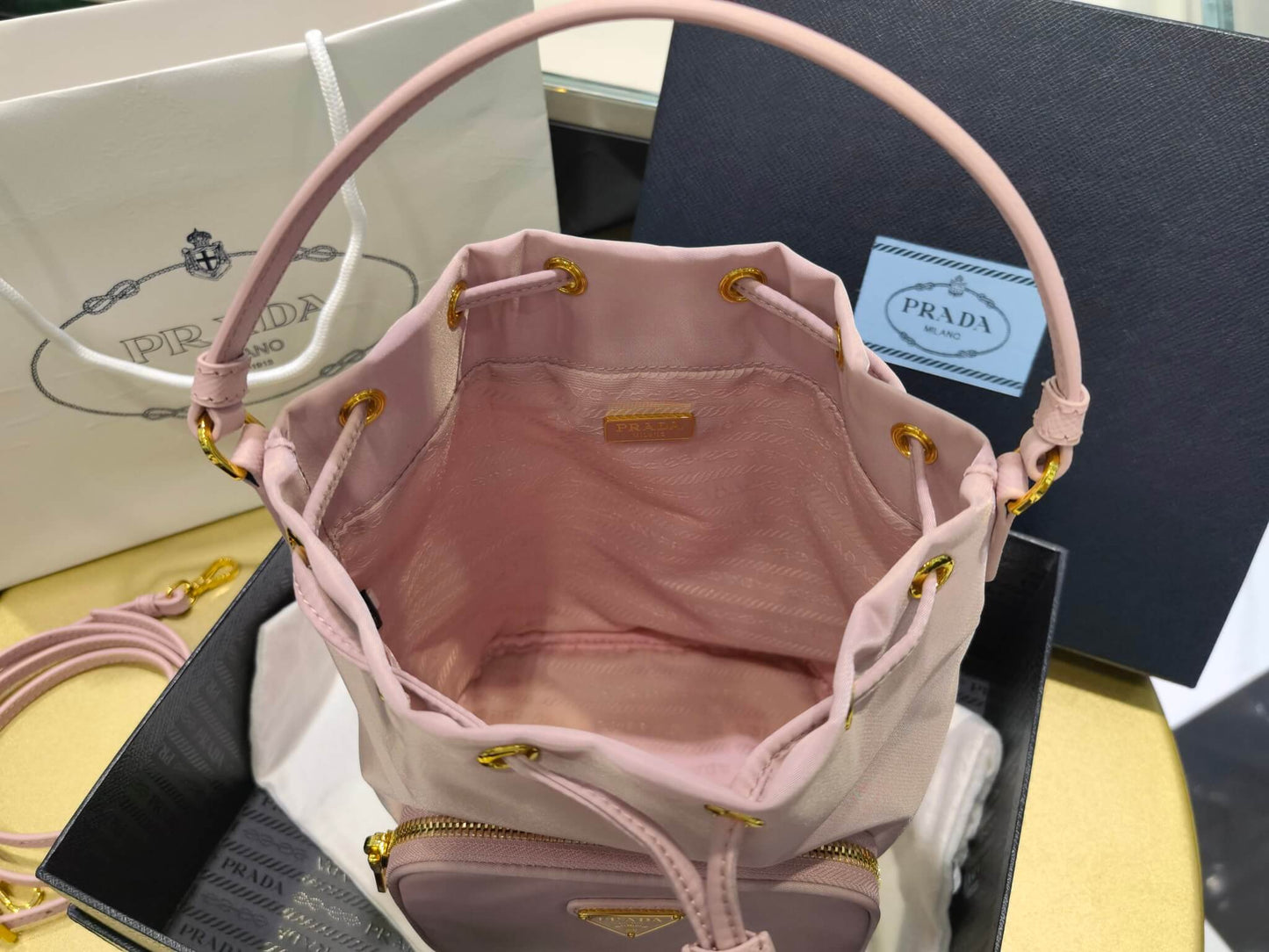 Prada Duet Re-Nylon bucket bag pink 1BH038