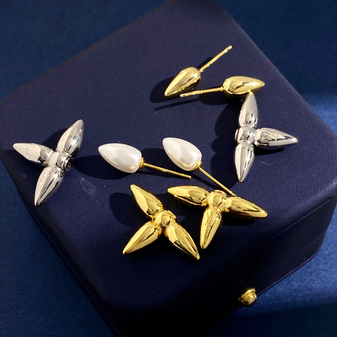 lou smooth metal texture eearrings cross flower silver gold metal with pearl