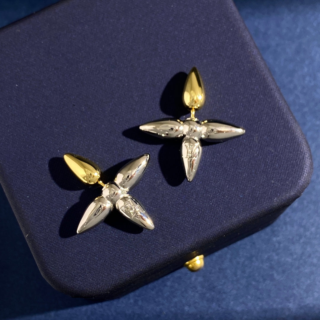 lou smooth metal texture eearrings cross flower silver gold metal with pearl
