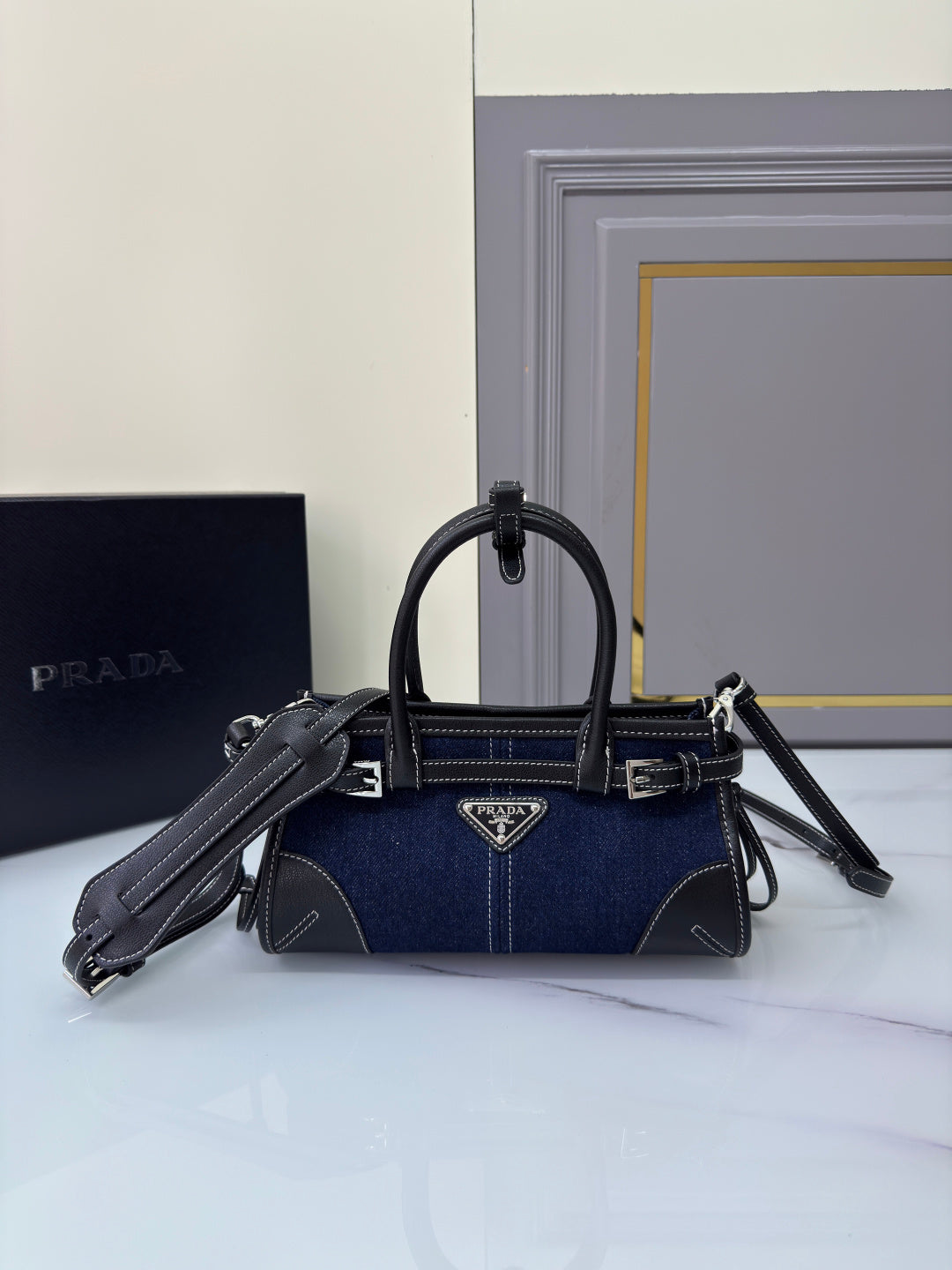 PRA Softlux denim handbag 1BA486 NAVY small size 23.5CM