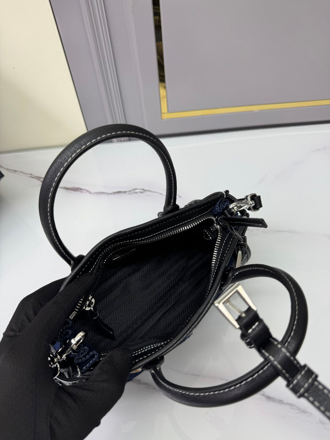 PRA Softlux denim handbag 1BA486 NAVY small size 23.5CM