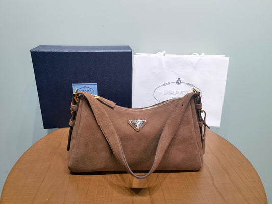 PRADA New Suede Shoulder Bag Underarm Bag  Brown 1BC229