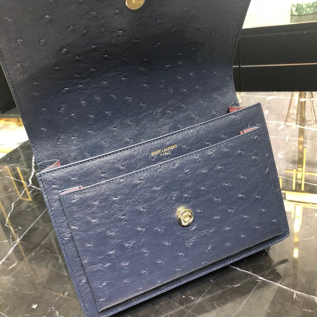 y442906 shoulder bag cross body bags calfskin blue sunset ostrich print leather bag