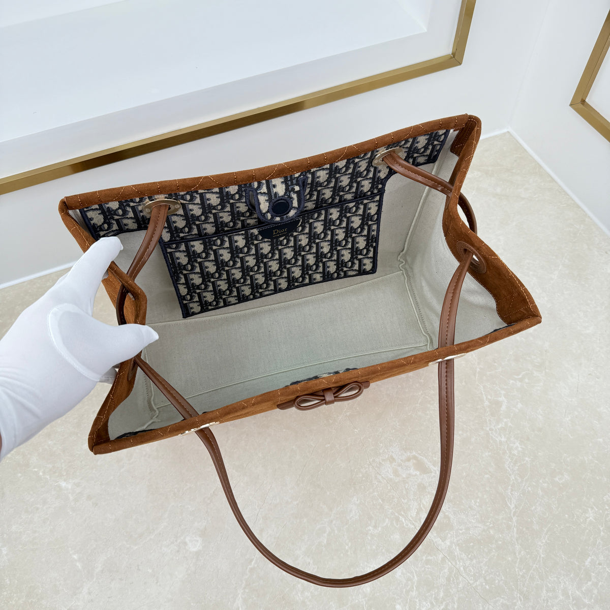 Dior Medium Promenade Shopping Bag Brown Suede M1409
