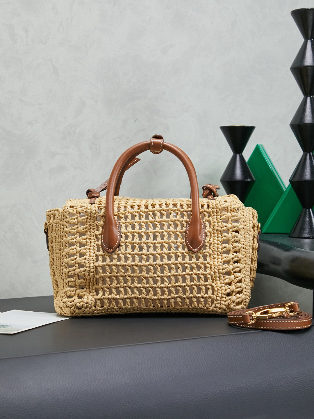 Miu Miu 26S Woven Straw Bag Beige Raffia Brown Leather 5BA316
