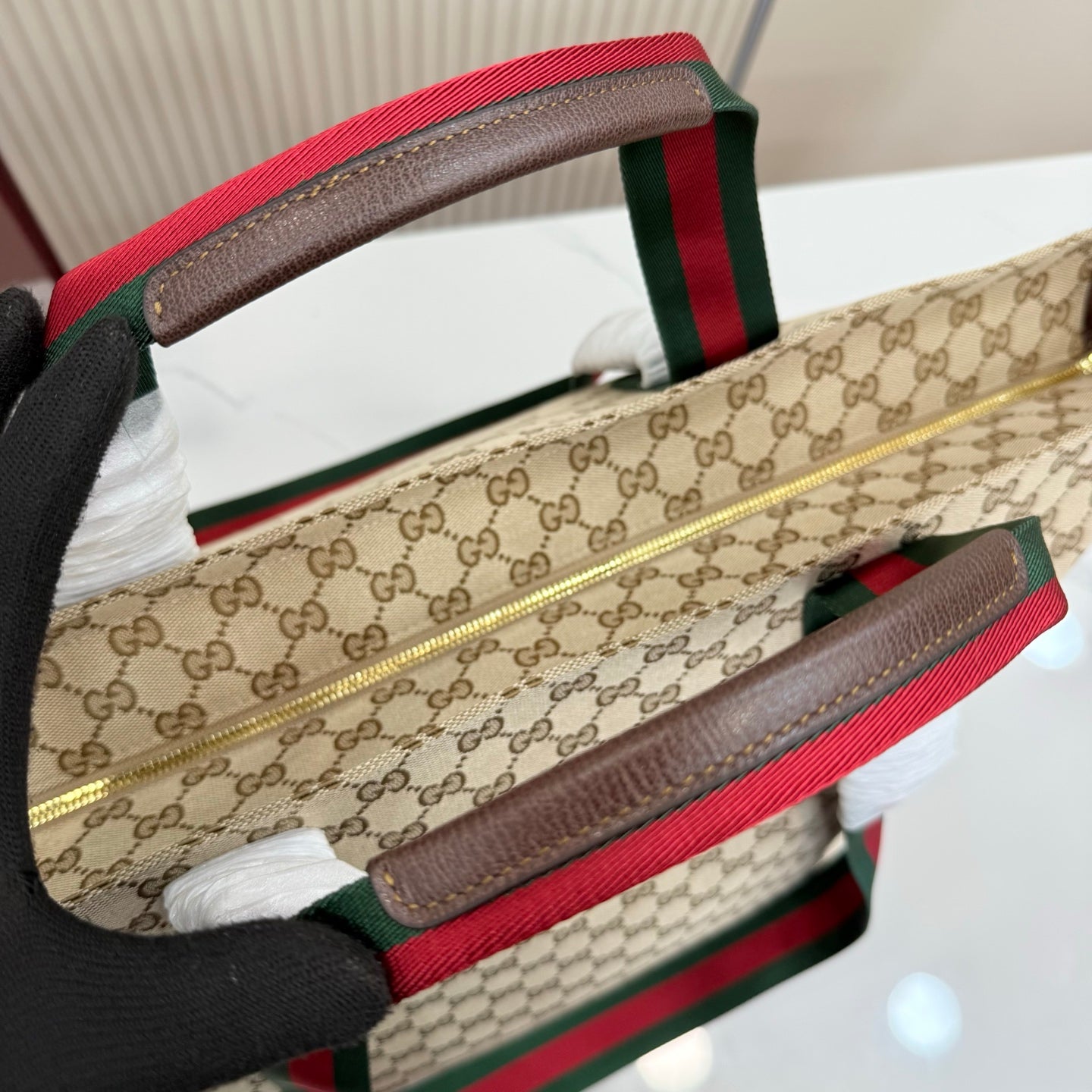 Gucci Generation GG Canvas Tote Apricot Red-Green Web 875929
