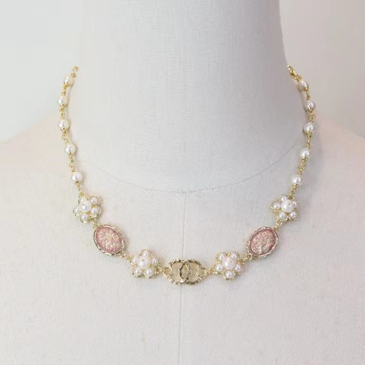 CHA Metal Fresh Water Pearls Glass Gold Pearly White Pink Necklace ABD365