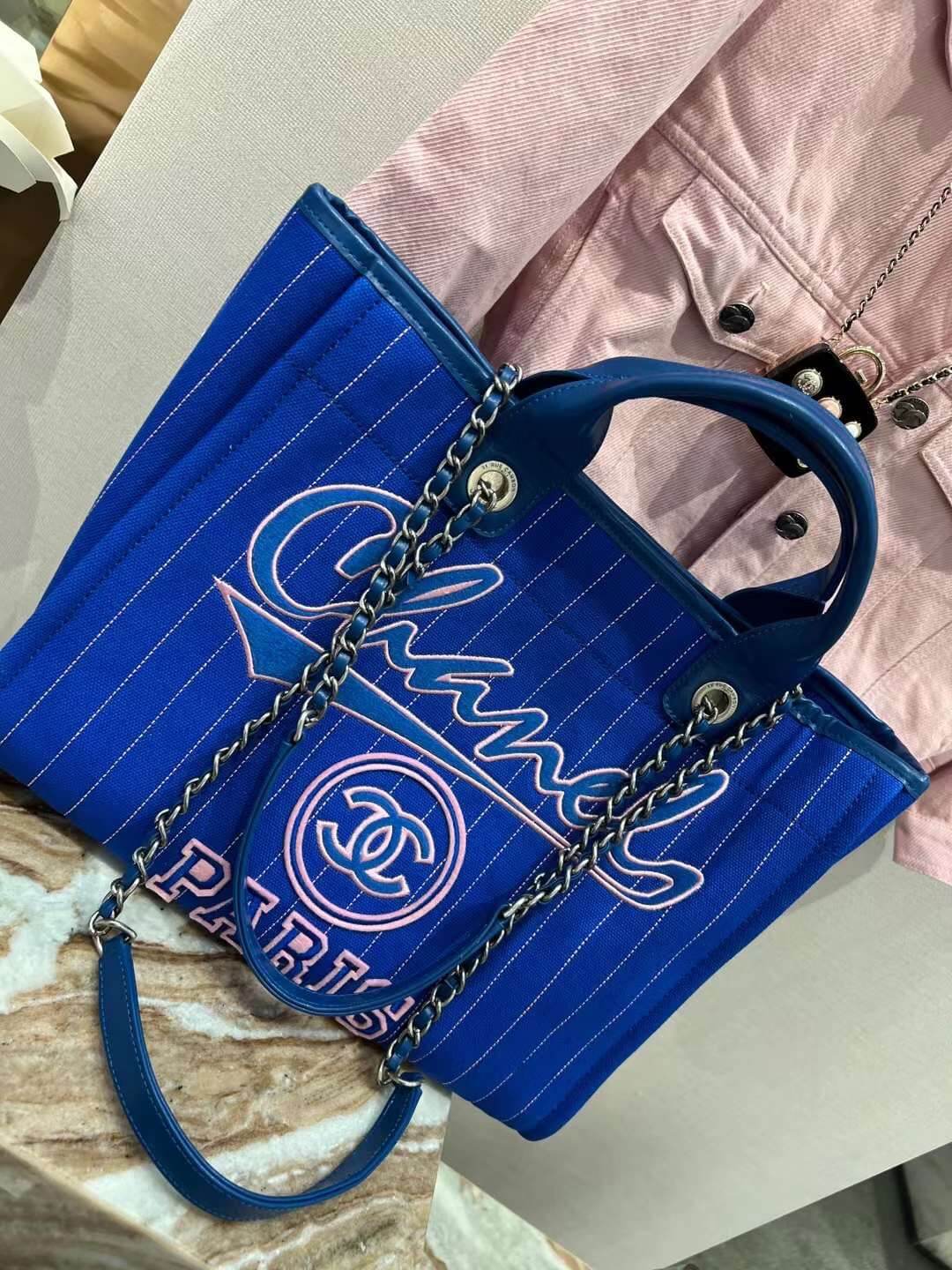cha striped beach bag shopping bag 30cm blue handbag