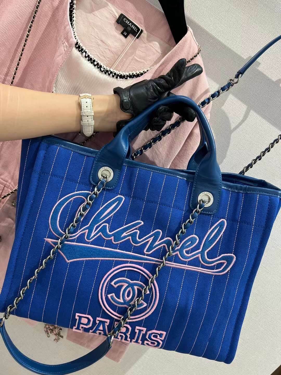 cha striped beach bag shopping bag 30cm blue handbag