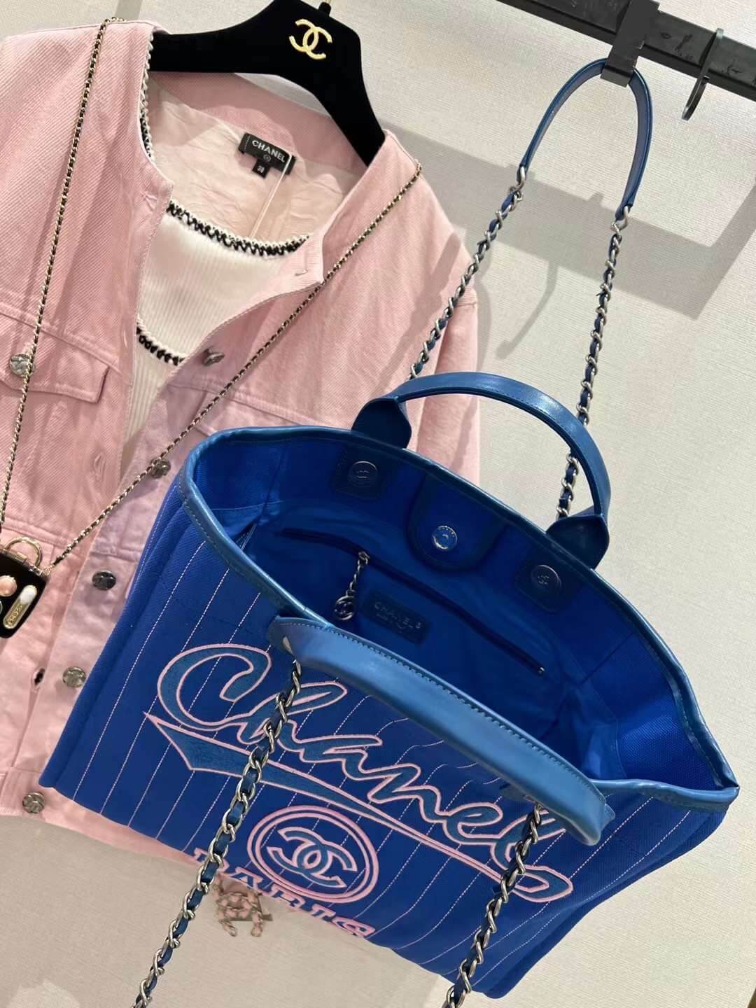 cha striped beach bag shopping bag 30cm blue handbag