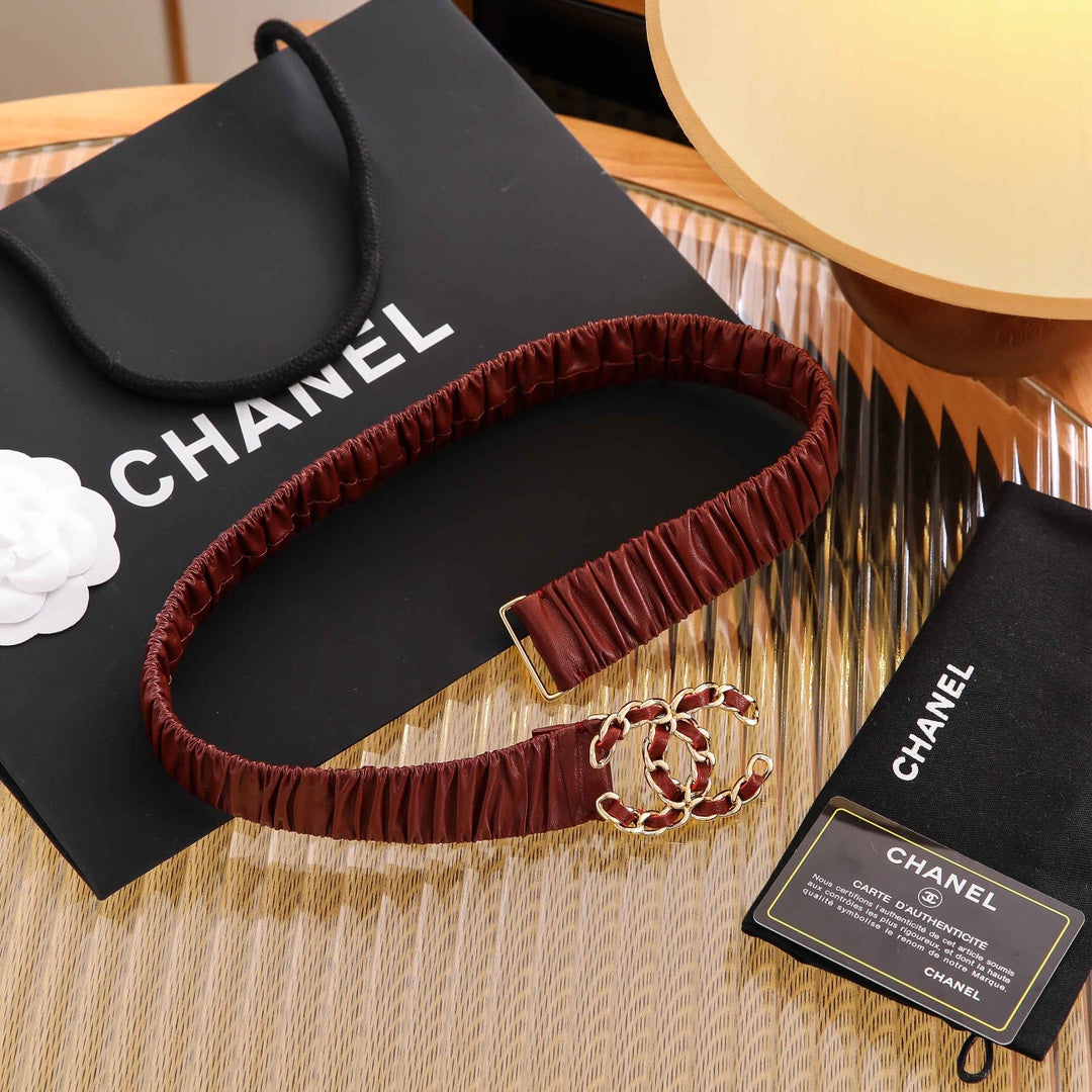Chanle Elastic Belt Gold 3CM A26301 Maroon