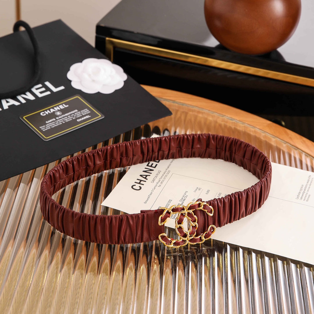 Chanle Elastic Belt Gold 3CM A26301 Maroon