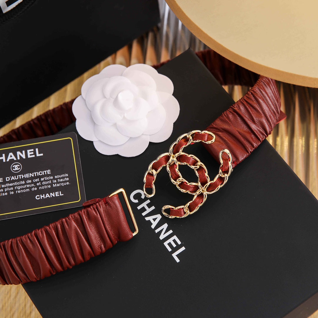 Chanle Elastic Belt Gold 3CM A26301 Maroon