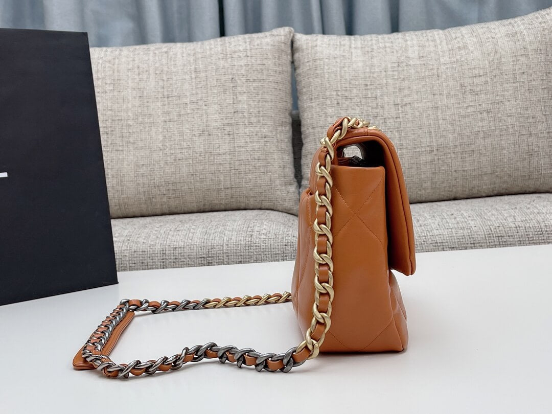 chan 19bags lambskin leather gold brown