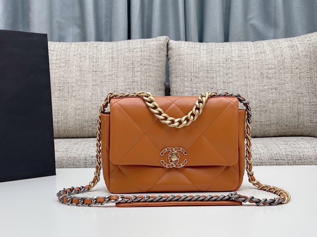 chan 19bags lambskin leather gold brown