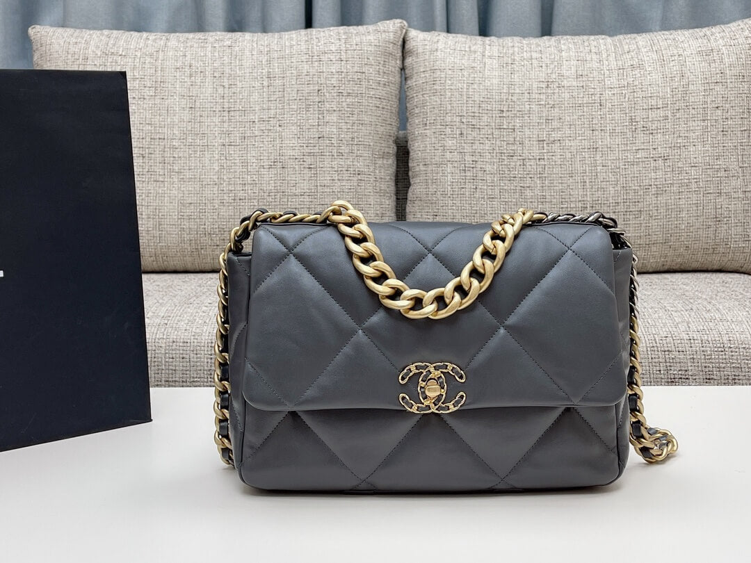 chan 19bags lambskin leather gold dark grey