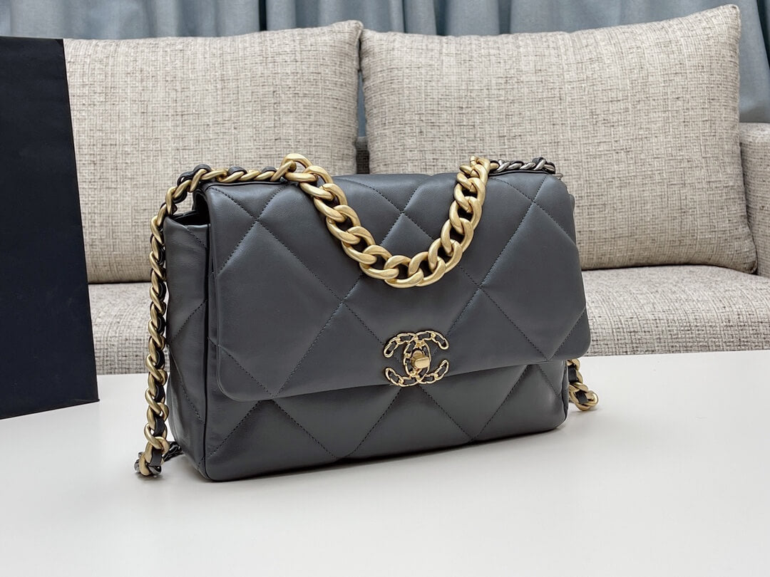 chan 19bags lambskin leather gold dark grey