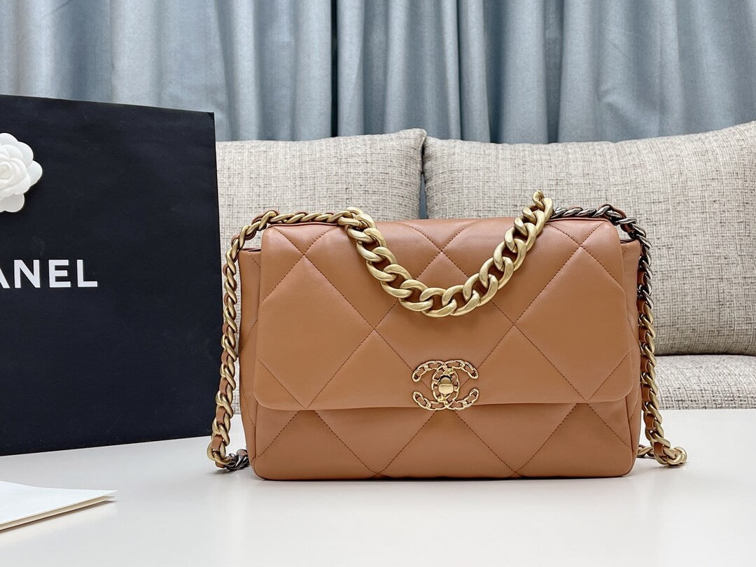chan 19bags lambskin leather gold light brown
