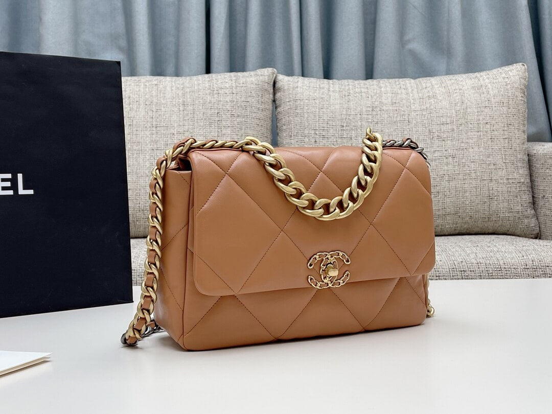 chan 19bags lambskin leather gold light brown