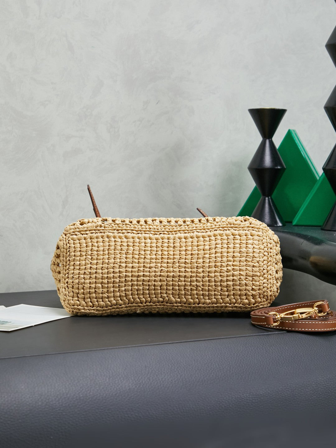 Miu Miu 26S Woven Straw Bag Beige Raffia Brown Leather 5BA316