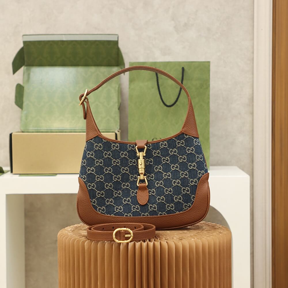 gg 637092 subaxillary bag leather brown blue canvas