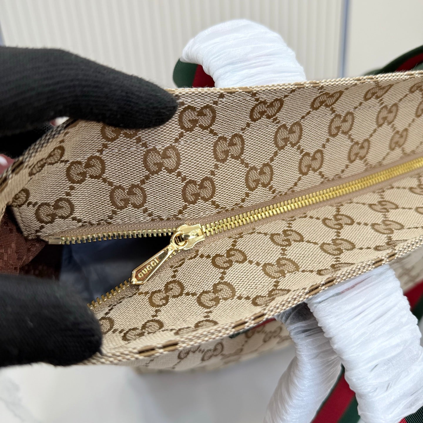 Gucci Generation GG Canvas Tote Apricot Red-Green Web 875941