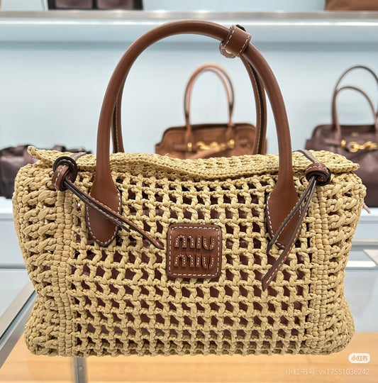 Miu Miu 26S Woven Straw Bag Beige Raffia Brown Leather 5BA316