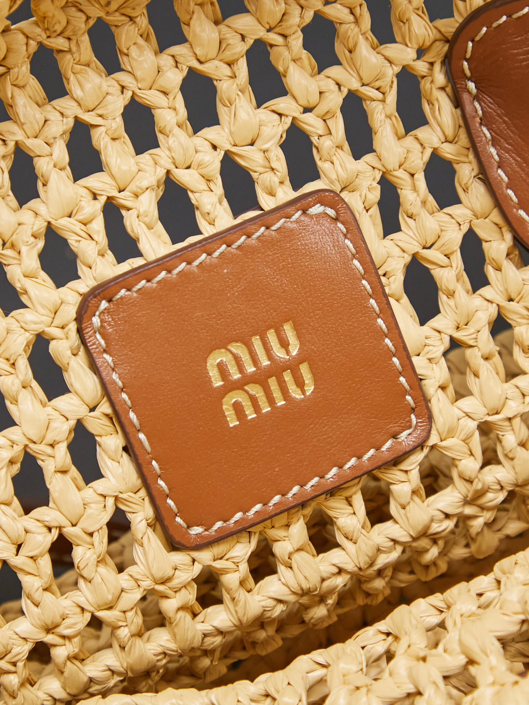 Miu Miu 26S Woven Straw Bag Beige Raffia Brown Leather 5BA316