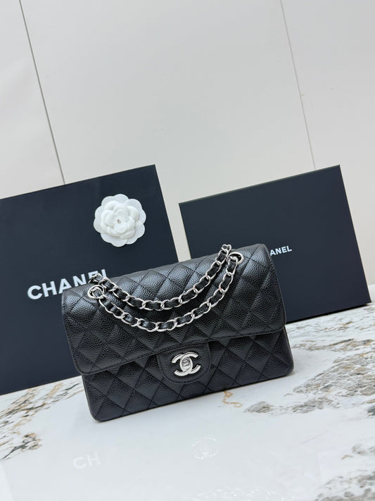 Chanel Classic Flap Bag Black Grained Calfskin Silver Hardware AS1113