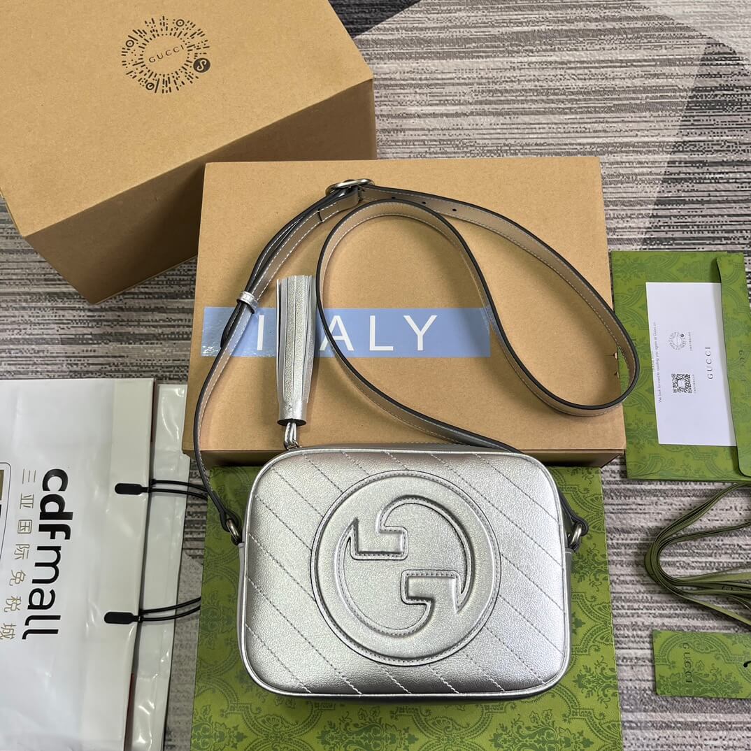 gg 742360 blondie shoulder bag 21cm silver leather free shipping