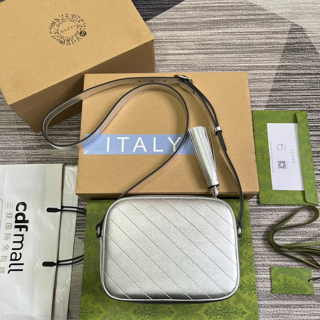 gg 742360 blondie shoulder bag 21cm silver leather free shipping