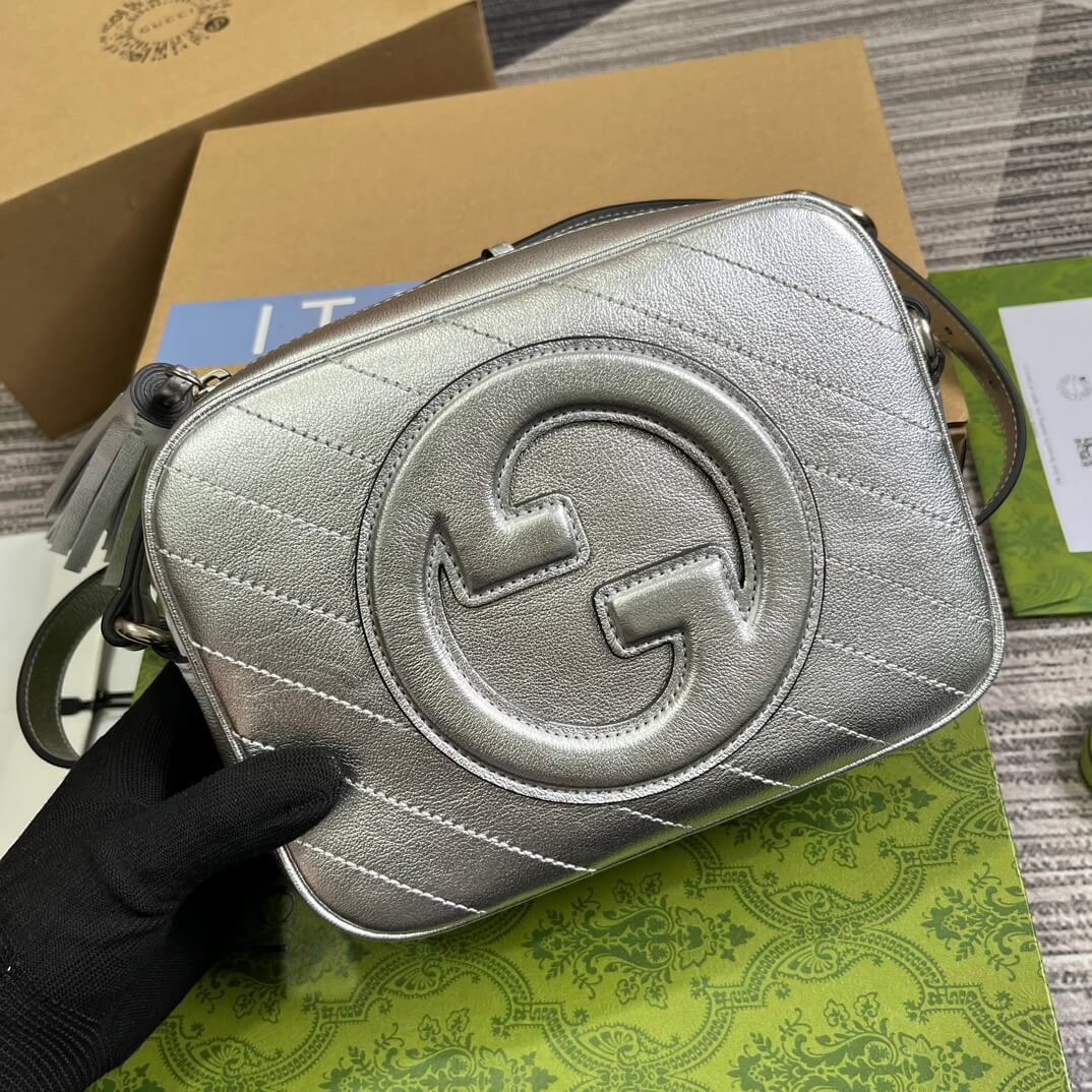 gg 742360 blondie shoulder bag 21cm silver leather free shipping