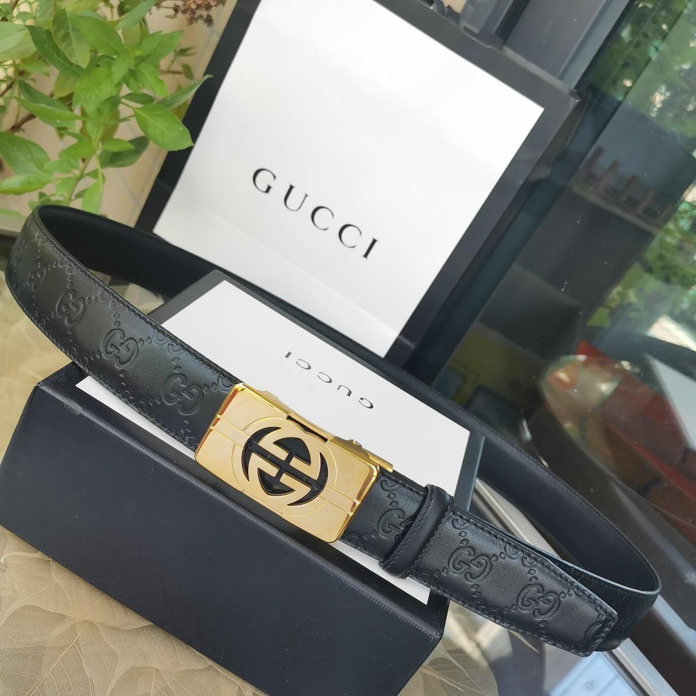 gu belt cowhide leather black gold buckle wide 3 4cm automatic buckle 1