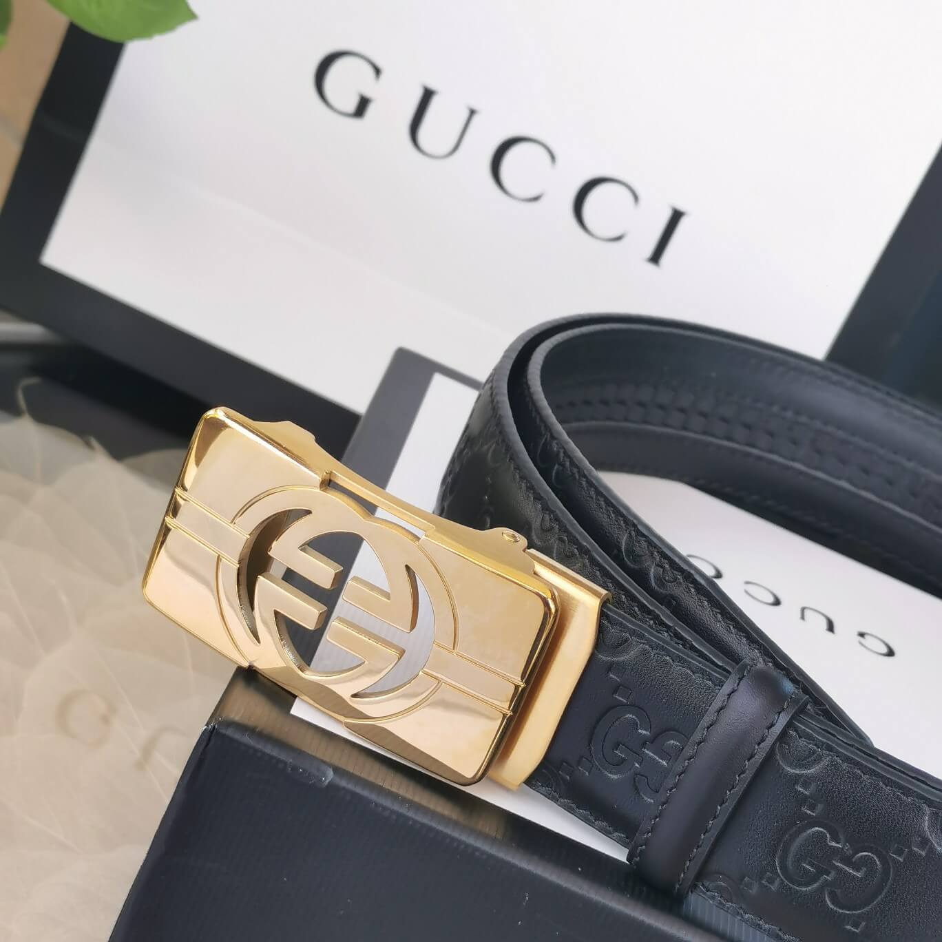 gu belt cowhide leather black gold buckle wide 3 4cm automatic buckle 1
